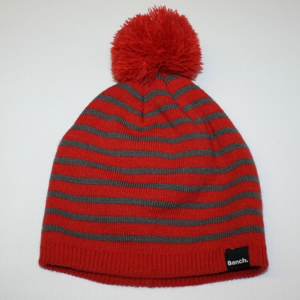 Bench Boy's Red with Gray Stripes & Pom Pom Knit Beanie Hat size M/L